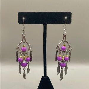 Vintage Silver Tone Purple Native American Style Dangle Drop Statement Earrings